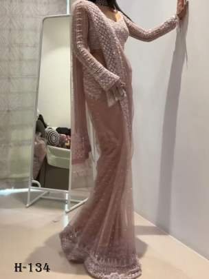  Beautiful sequins Embroidery Work Soft Net Pink Saree 