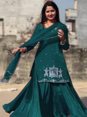Beautiful Short Kurti Lehenga Set In Rama Green Colour 