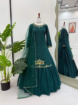 Beautiful Short Kurti Lehenga Set In Rama Green Colour