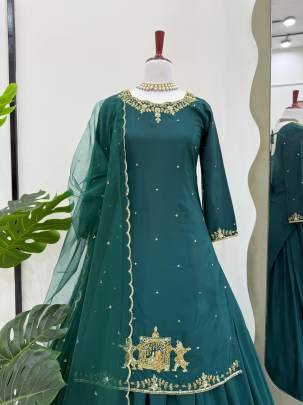 Beautiful Short Kurti Lehenga Set In Rama Green Colour