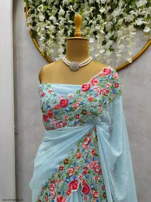 Beautiful Sky Blue Designer Pearl Work Tibby Silk Saree