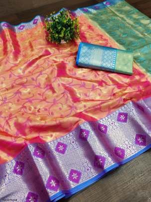 Beautiful Soft  Silk Peach Saree With Gold Zari Weaving