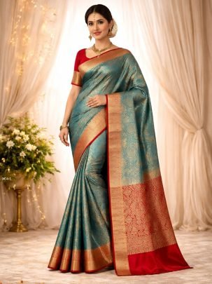 Beautiful Turquoise Banarasi Kanchi Tissue Saree