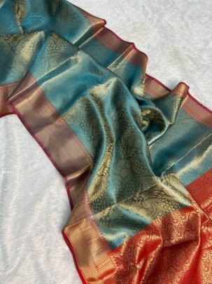 Beautiful Turquoise Banarasi Kanchi Tissue Saree