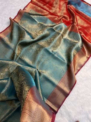 Beautiful Turquoise Banarasi Kanchi Tissue Saree