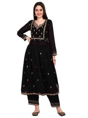 Beautiful Vichitra Silk Embroidered Black Kurti With Pant Set