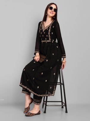 Beautiful Vichitra Silk Embroidered Black Kurti With Pant Set
