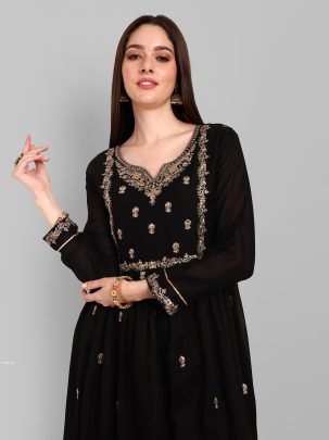 Beautiful Vichitra Silk Embroidered Black Kurti With Pant Set