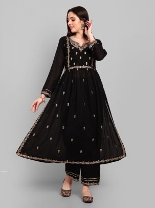 Beautiful Vichitra Silk Embroidered Black Kurti With Pant Set