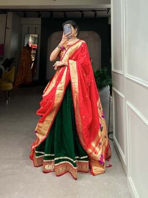 Beautiful Vichitra Silk Paithani Plain Lehenga Choli With Parrot Work Blouse