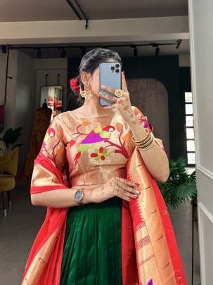 Beautiful Vichitra Silk Paithani Plain Lehenga Choli With Parrot Work Blouse