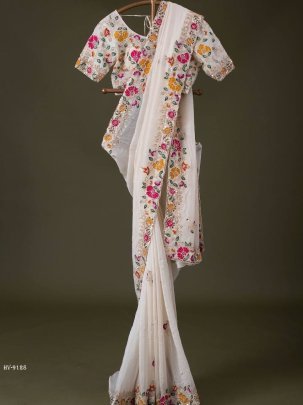 beautiful White Chinon Silk Embroidered Designer Saree Collection