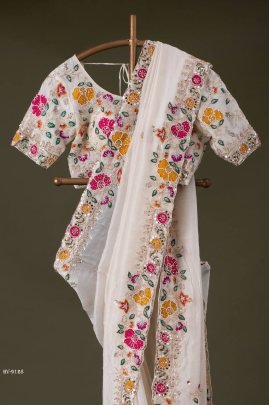 beautiful White Chinon Silk Embroidered Designer Saree Collection