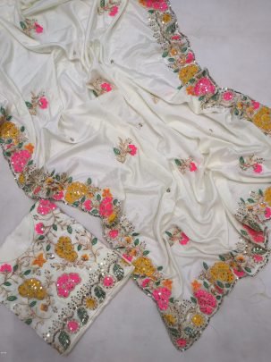 beautiful White Chinon Silk Embroidered Designer Saree Collection