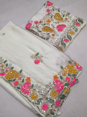 beautiful White Chinon Silk Embroidered Designer Saree Collection