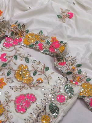 beautiful White Chinon Silk Embroidered Designer Saree Collection