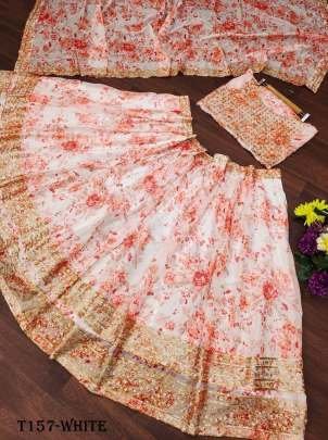 Beautiful White With  Pink Flower Organza Digital Print Lehenga Choli