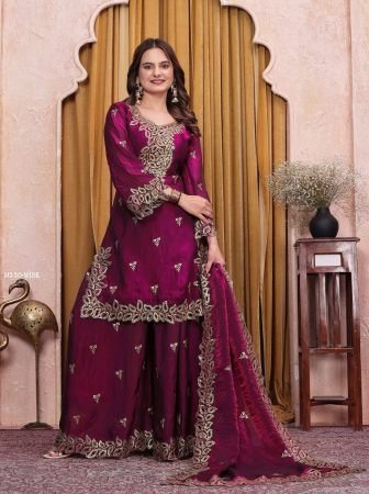 Beautiful Wine Golden Embroidered Sharara Suit Set