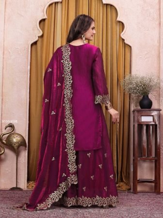 Beautiful Wine Golden Embroidered Sharara Suit Set
