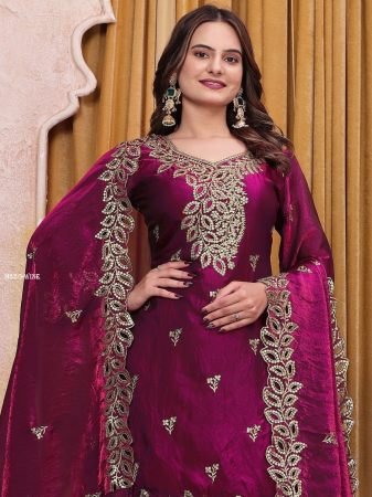 Beautiful Wine Golden Embroidered Sharara Suit Set