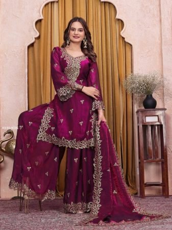 Beautiful Wine Golden Embroidered Sharara Suit Set