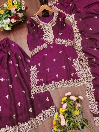 Beautiful Wine Golden Embroidered Sharara Suit Set