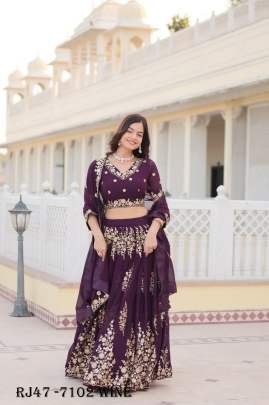 Beautiful Wine Sequins Georgette Wedding Lehenga Choli With Dupatta