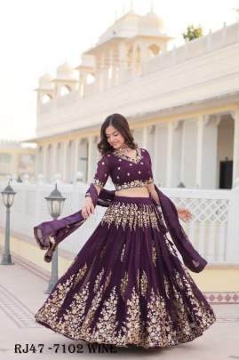Beautiful Wine Sequins Georgette Wedding Lehenga Choli With Dupatta