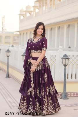 Beautiful Wine Sequins Georgette Wedding Lehenga Choli With Dupatta