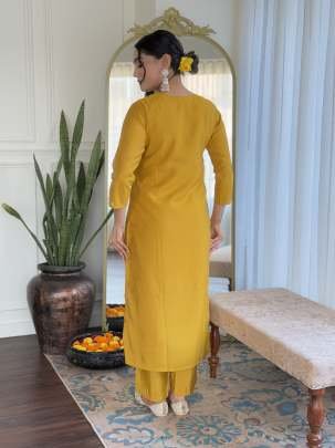 Beautiful Yellow Desinger Work Viscose Chanderi Kurtis Dupatta Set
