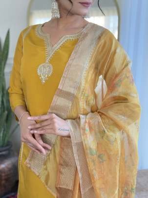 Beautiful Yellow Desinger Work Viscose Chanderi Kurtis Dupatta Set