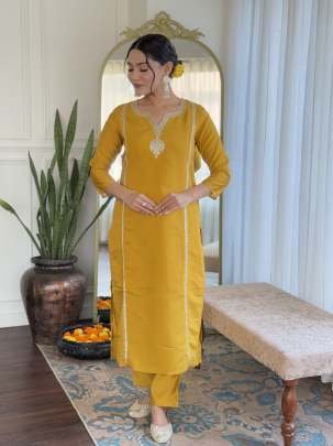 Beautiful Yellow Desinger Work Viscose Chanderi Kurtis Dupatta Set