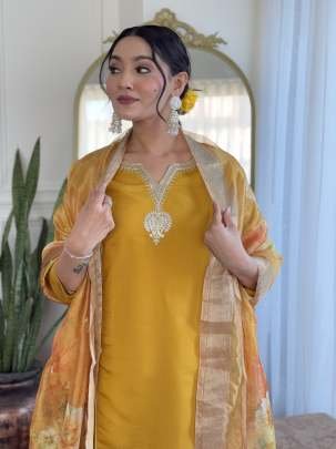 Beautiful Yellow Desinger Work Viscose Chanderi Kurtis Dupatta Set
