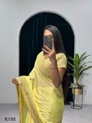 Beautiful Yellow Party Wear Chinon Saree With Sequence And Zari Work Saree