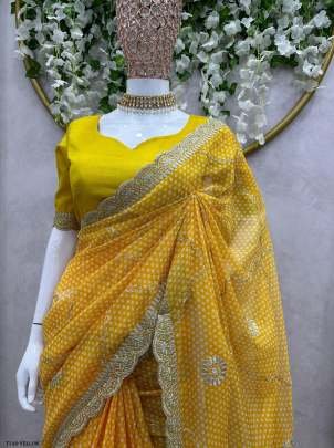Beautiful Yellow Tibby Silk Saree With Digital Print