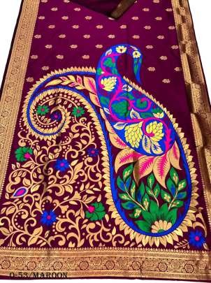 Beautifull Rose Gold Banarasi Maroon Saree Pallu