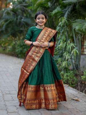 Beautifully Soft Narayan Pet Cotton with Zari Weaving Green South Indian Lehenga For Kids 