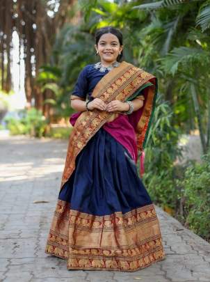 Beautifully Soft Narayan Pet Cotton with Zari Weaving Blue South Indian  Kids Lehenga 