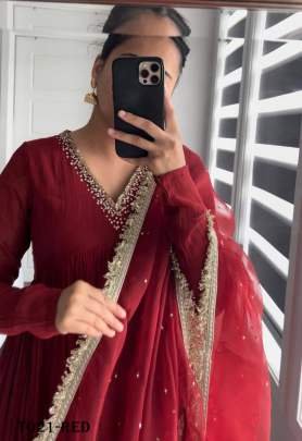 Beauty  Anarkali Red Kurti Palazzo Set For Women