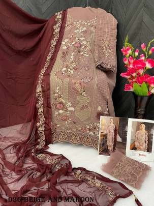 Beige and Maroon Color Embroidered Fox Georgette Suit Set