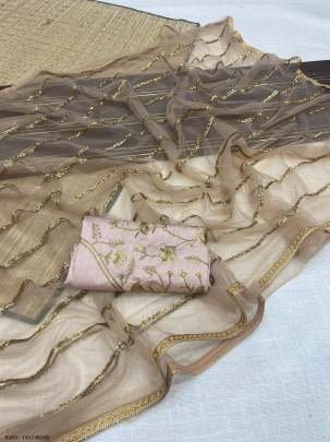 Beige Colored Net Embroidered Saree With Mono Net Worked Blouse Piece Material