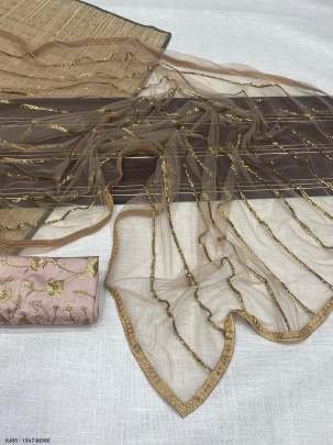 Beige Colored Net Embroidered Saree With Mono Net Worked Blouse Piece Material