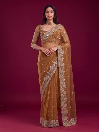 Beige Designer Embroidered Sequence Work Saree