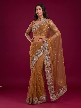 Beige Designer Embroidered Sequence Work Saree