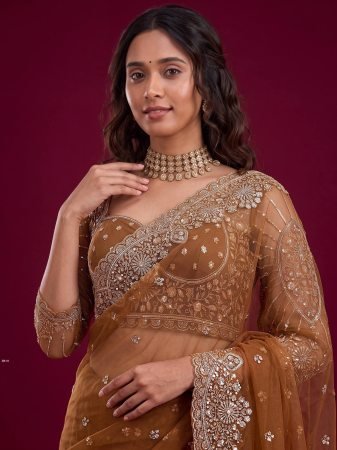 Beige Designer Embroidered Sequence Work Saree