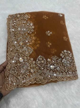 Beige Designer Embroidered Sequence Work Saree