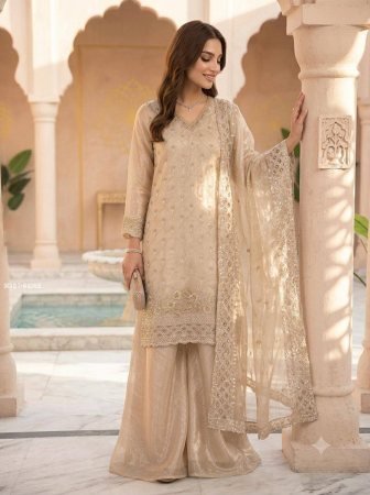 Beige Fandy Palazzo Suit With Beads Embroidery Cut Work 