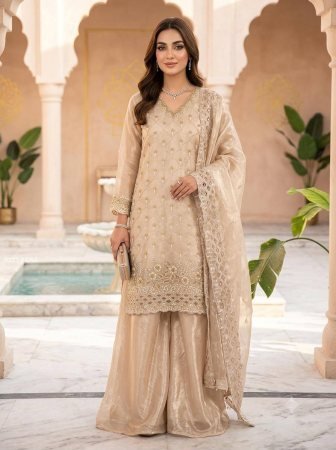 Beige Fandy Palazzo Suit With Beads Embroidery Cut Work
