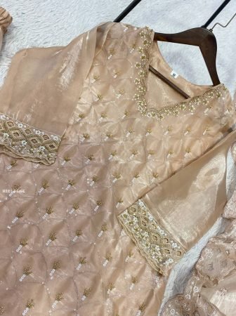 Beige Fandy Palazzo Suit With Beads Embroidery Cut Work
