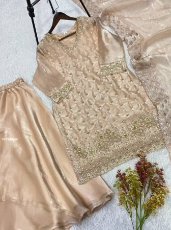 Beige Fandy Palazzo Suit With Beads Embroidery Cut Work